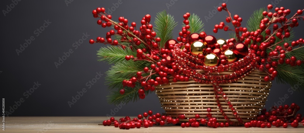 Fototapete Copy space image featuring a festive red and gold toy arrangement in an inverted wicker basket complemented by pine branches red beads all set on a light background to enhance your Christmas tree dec