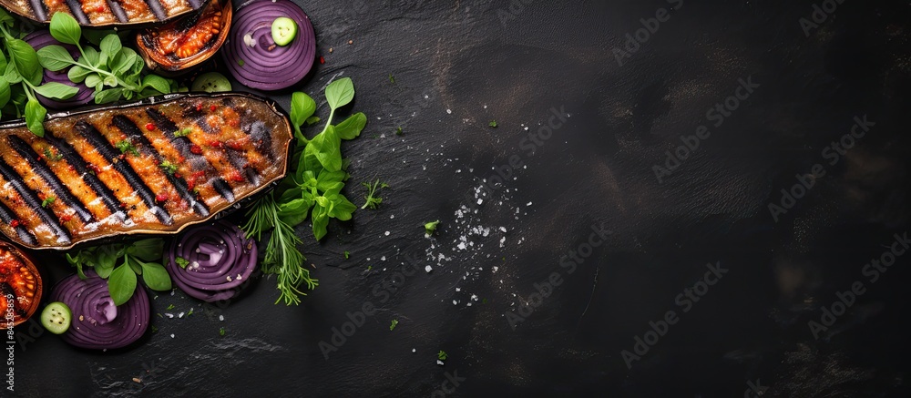 Poster a top down view of grilled eggplant aubergine with sauce presented on a dark stone background that p