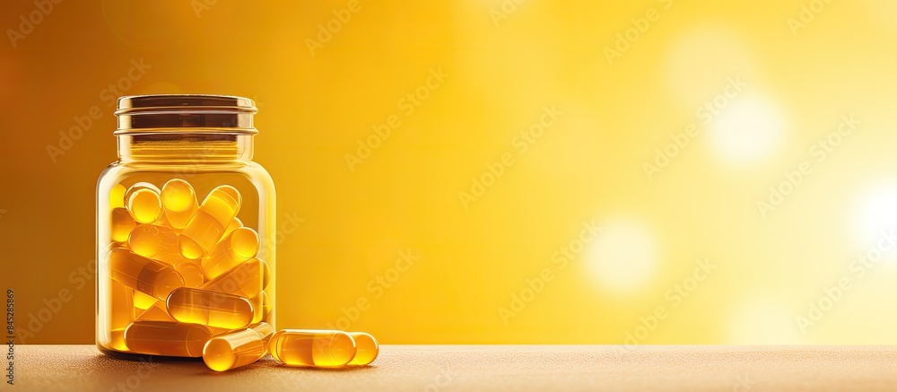Aufkleber A jar of Gold Vitamin D3 capsules is shown on a yellow background creating a copy space image This essential vitamin is presented in a convenient liquid form for better absorption