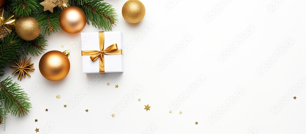 Leinwandbilder a top view christmas background featuring a decorated fir tree gift box and various decorations on a