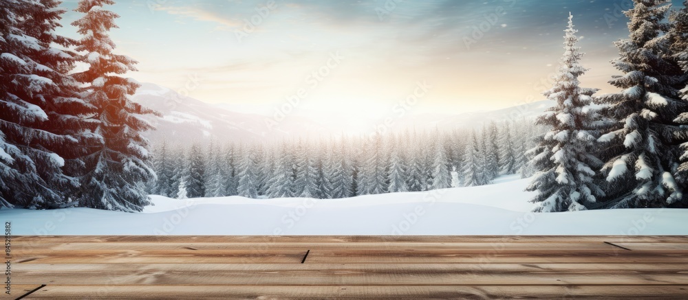 Poster a picturesque winter landscape with snow covered fir trees and a wooden table top creating a perfect