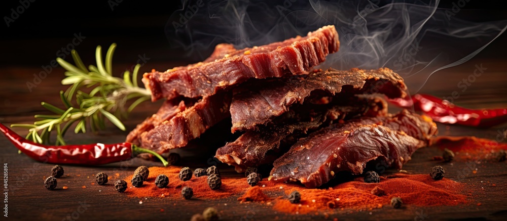 Poster a savory blend of seasoned jerky and succulent pork complemented by aromatic spices showcased on a b