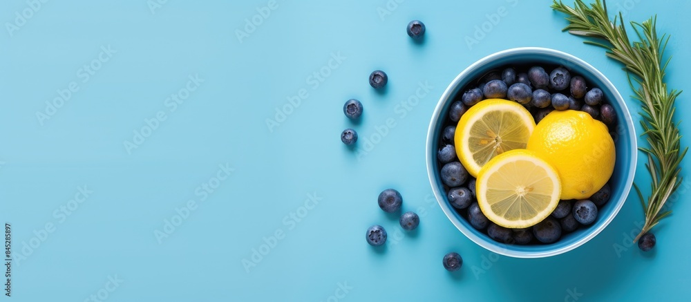 Poster a healthy detoxifying beverage made from blueberries lemon and rosemary promoting the idea of nutrit
