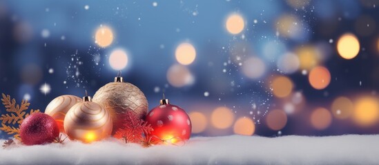 A festive Christmas themed background with snow blurred lights sparkling ornaments and a mix of gifts and toys creates a joyful copy space image for the Happy New Year and Xmas season 174 characters