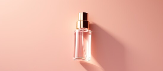 A hyaluronic acid serum bottle labeled 100 is placed on a solid pale pink background The image is close up and taken from a top view showing copy space