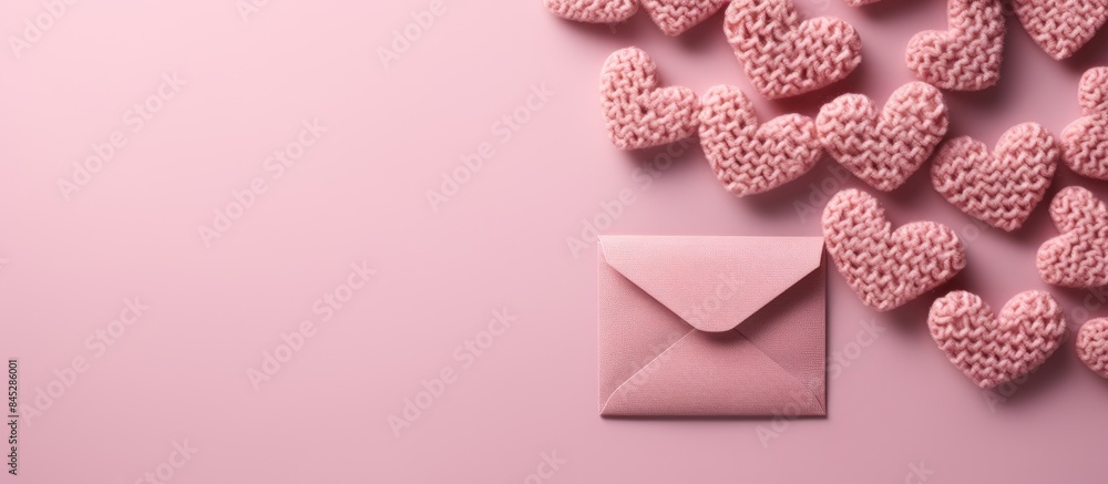 Aufkleber A Valentine s Day greeting card featuring knitted hearts on a pink background The hearts rest on a blank sheet inside a kraft envelope creating a flat lay image with copy space