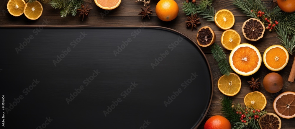 Fototapete top view of a black table with a plate on a cutting board christmas decorations and orange slices ad