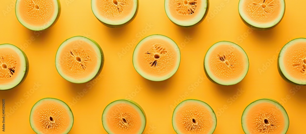 Poster Fresh melon creatively arranged on an orange background forming a visually appealing flat lay with a captivating top view The composition offers ample copy space and can be utilized as a banner