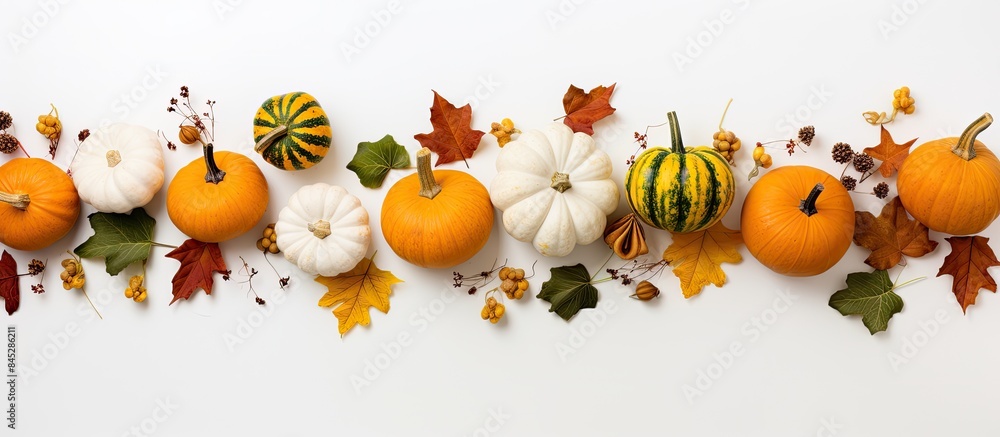 Leinwandbilder a top down view of a white background adorned with pumpkins leaves and other autumnal elements perfe