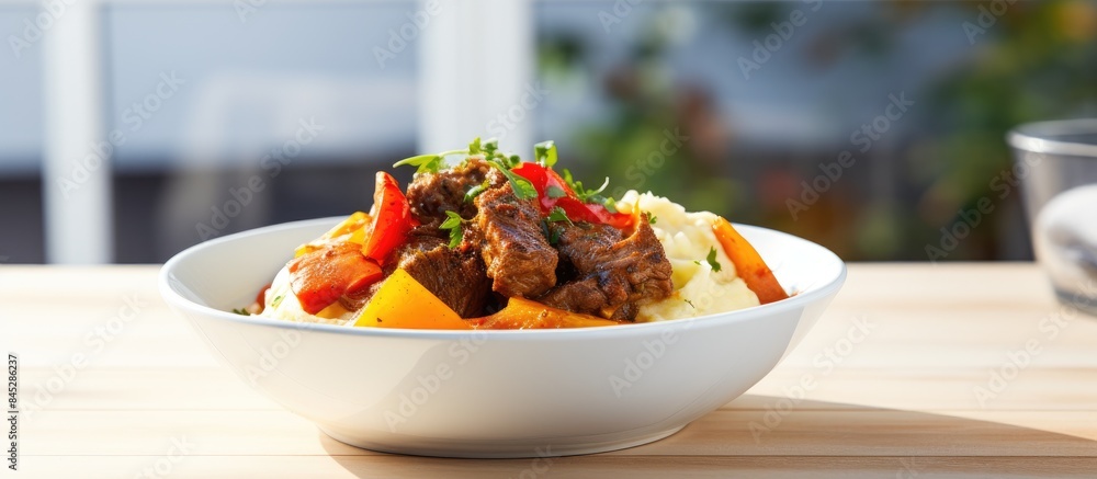 Poster a bowl of fried chicken liver with apples sweet pepper and onions served with mashed potatoes placed