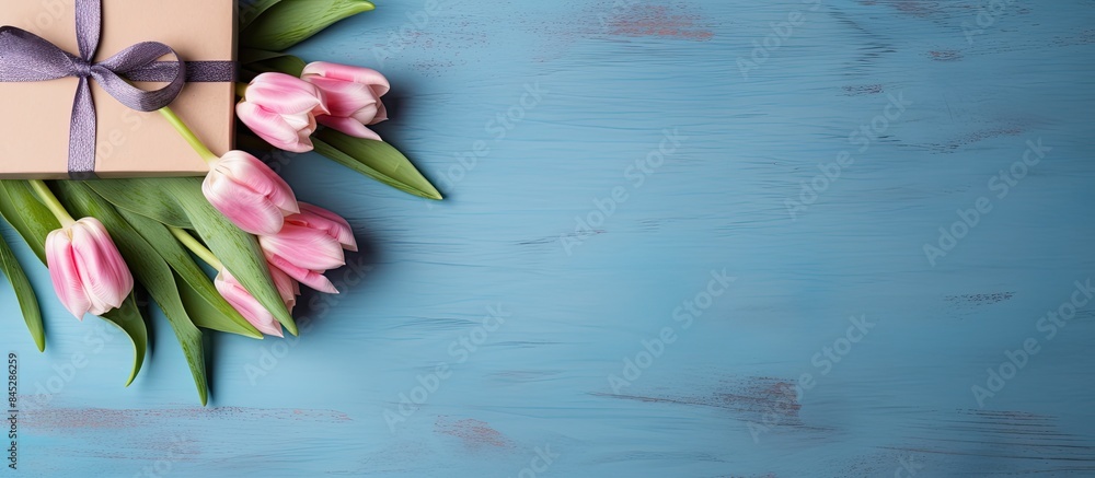 Poster a top view of a gift box wrapped in craft paper with a ribbon placed on a blue table pink tulips arr
