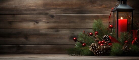 A festive arrangement of fir branches Christmas decorations and a red lantern against a wooden backdrop providing ample space for text or other images