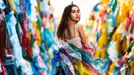 Woman in a colorful, recycled plastic dress, standing amidst a vibrant backdrop of hanging plastic sheets outdoors.