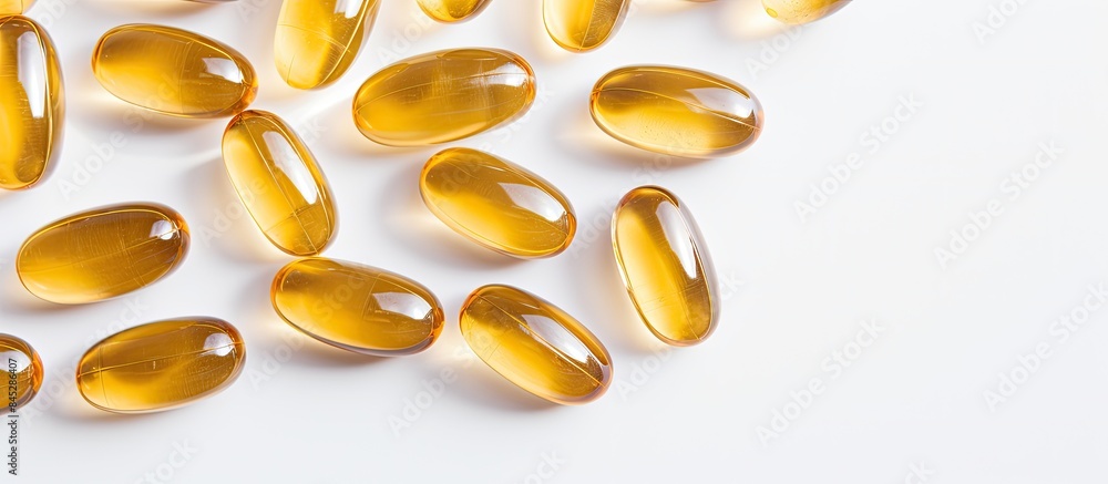 Poster Top view close up of transparent capsules containing yellow powder and light brown pills on a white background with ample copy space for text or images