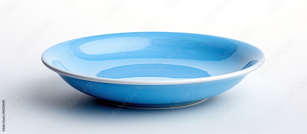 Poster A solitary round blue soup plate devoid of any food stands alone on a white backdrop presenting itself as an inviting canvas for culinary creations Ample space provided for accompanying text or image
