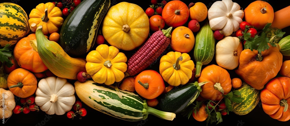 Poster a vibrant assortment of autumn decorative vegetables including pumpkins and apples is seen from a to