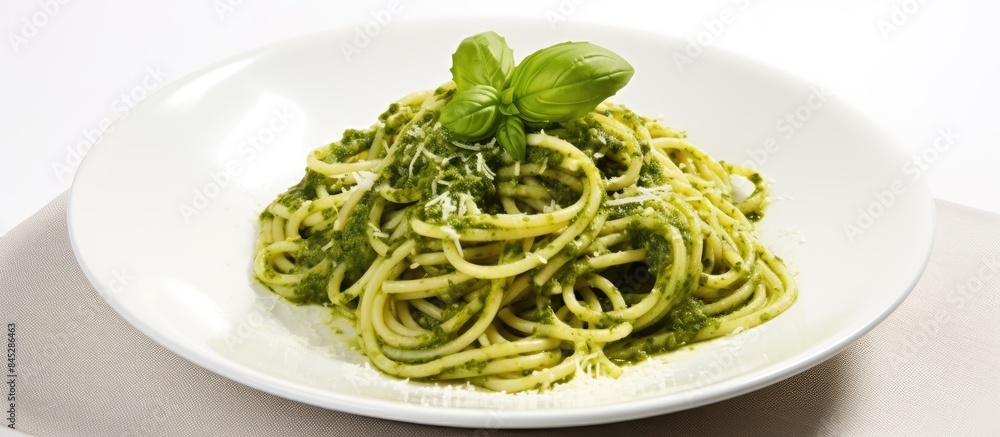 Poster a view from the top of a white background shows a copy space image of italian spaghetti garnished wi