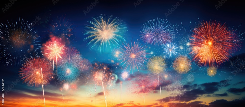 Poster Daytime fireworks display with an captivating burst of colors against a clear blue sky providing a stunning visual spectacle Ideal for copy space image