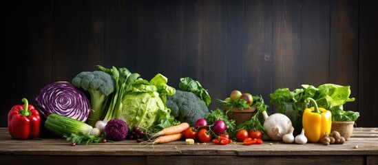 Preparing for a meal or salad a variety of fresh vegetables from the grocery farm shop are displayed on a vintage wooden table alongside a chopping board A copy space image showcasing the vibrant pro