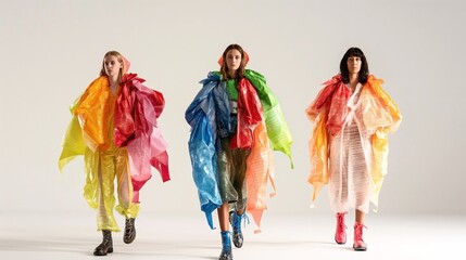 Naklejka premium Three women wearing colorful, avant-garde outfits made from plastic materials, showcasing a high fashion style in a bright studio setting.