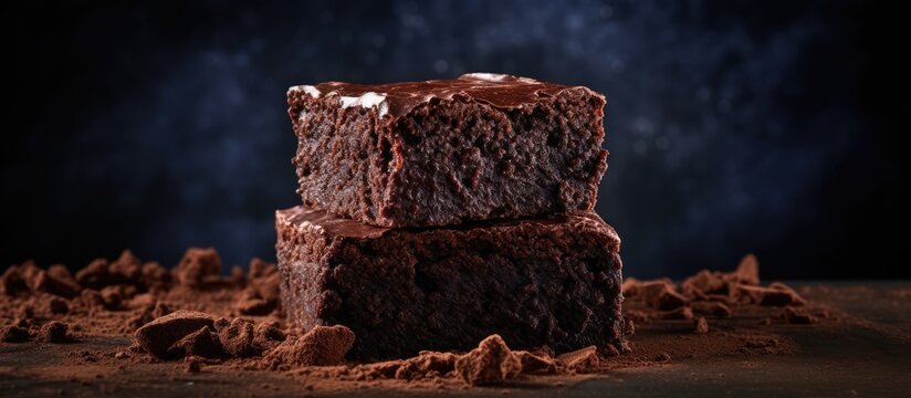 A stack of homemade bakery and dessert brownies resembling a brownie cake or muffin with a rich and fudgy texture This copy space image captures the essence of a homemade chocolate fudge brownie