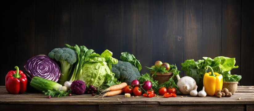 Preparing for a meal or salad a variety of fresh vegetables from the grocery farm shop are displayed on a vintage wooden table alongside a chopping board A copy space image showcasing the vibrant pro