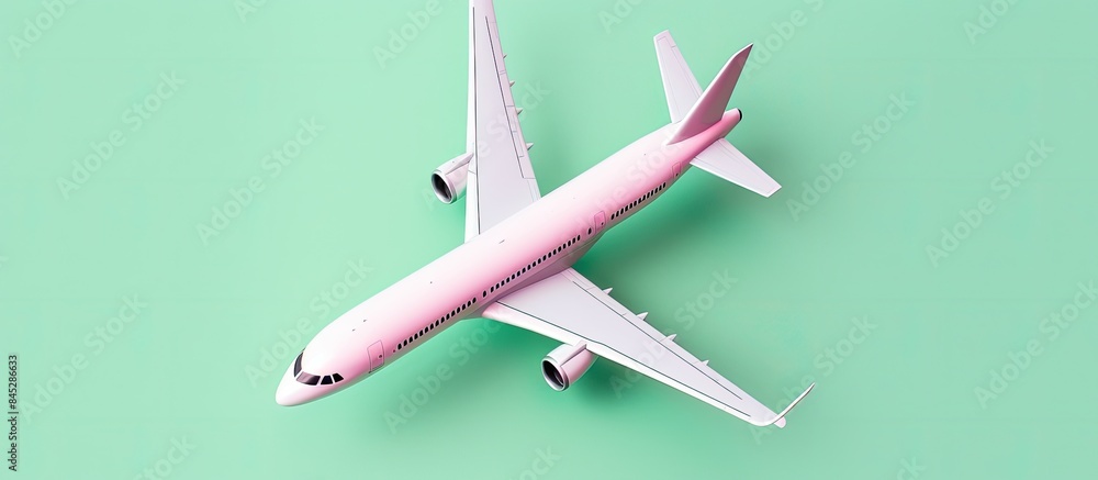 Poster flat lay design featuring an airplane on a pastel green and pink background providing copy space for