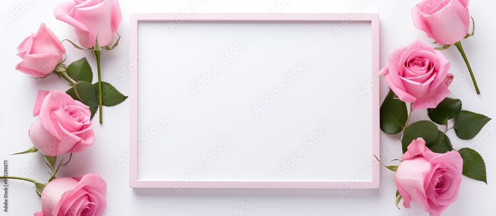 Aufkleber top view of a white background featuring an empty photo frame adorned with a beautiful pink rose flo