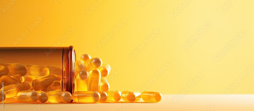 Aufkleber A jar of Gold Vitamin D3 capsules is shown on a yellow background creating a copy space image This essential vitamin is presented in a convenient liquid form for better absorption