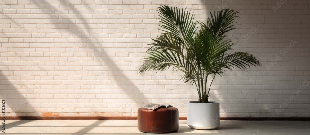 Aufkleber A palm tree is positioned alongside a folding screen and pouf creating a stylish arrangement next to a white brick wall The composition offers plenty of copy space for images