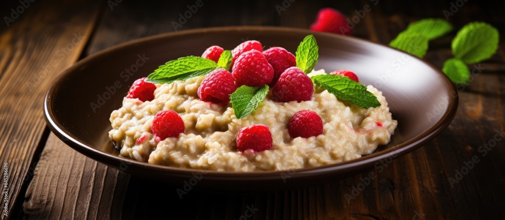 Poster a healthy vegetarian dish of oatmeal topped with fresh raspberries and garnished with mint leaves pr