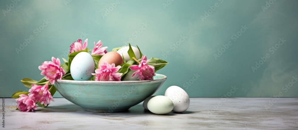 Poster A festive Easter display with a mint green plate filled with colorful eggs accompanied by pink and white hyacinth flowers on a textured stone backdrop There is plenty of empty space for your own addi