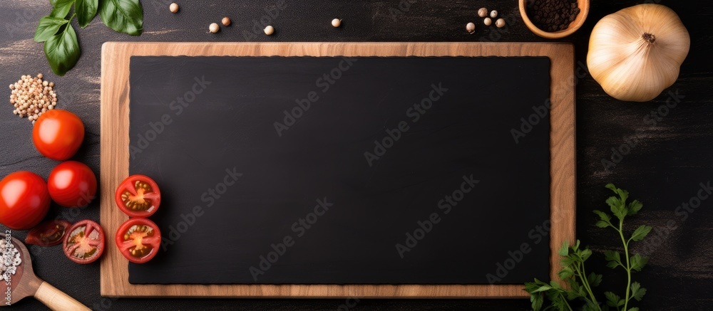 Poster Cutting board and kitchen towel on a black textured background creating a menu food card or recipes background concept The design includes space for text making it suitable for a copy space image