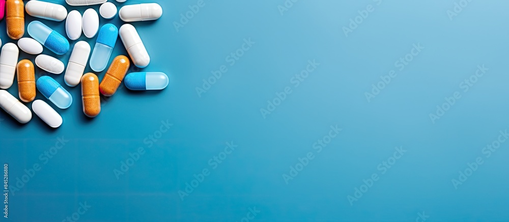 Aufkleber a variety of pills and capsules are arranged on a blue background creating a composition suitable fo