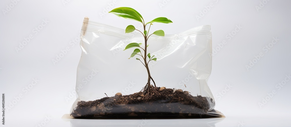 Wall mural a young cashew tree is seen in a plastic bag filled with soil surrounded by a white background this 