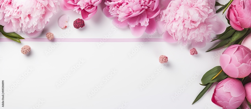 Aufkleber A top down view of a feminine floral arrangement consisting of pink peony flowers gift boxes and pearl beads on a white table creating a festive flat lay frame The image provides ample copy space for