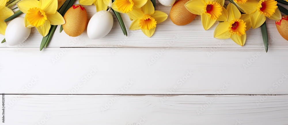 Poster A beautiful Easter composition featuring painted eggs yellow daffodils and a white wooden background viewed from the top with available copy space for text or images