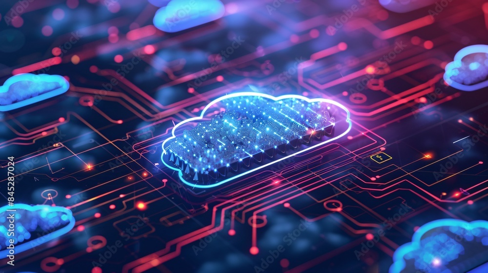 Poster isometric illustration of cloud storage for downloading, representing a digital service or applicati
