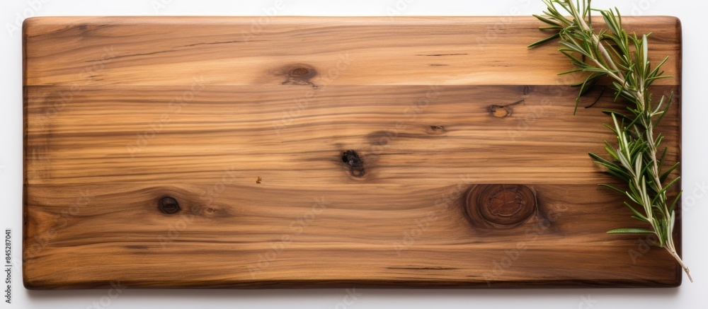 Fototapete A flat lay view of a wooden cutting board made from olive tree placed on a white background The image emphasizes a cooking and recipe concept with an empty space for customization. Creative banner
