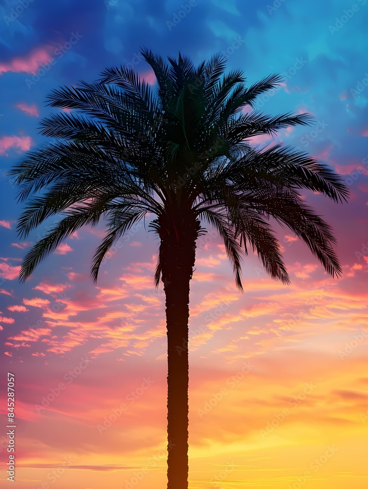 Canvas Prints Date palm tree silhouetted against a colorful sunset sky in a tropical setting