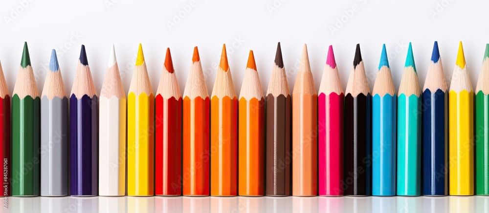 Poster an image of vibrant wooden pencils that can be used for drawing on a blank white surface the picture