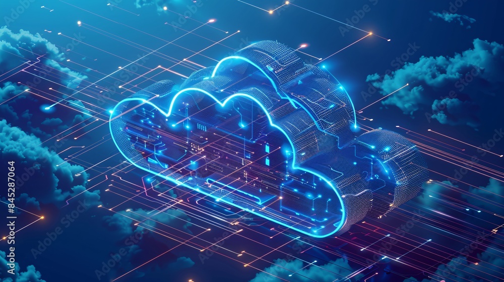 Poster isometric illustration of cloud storage for downloading, representing a digital service or applicati