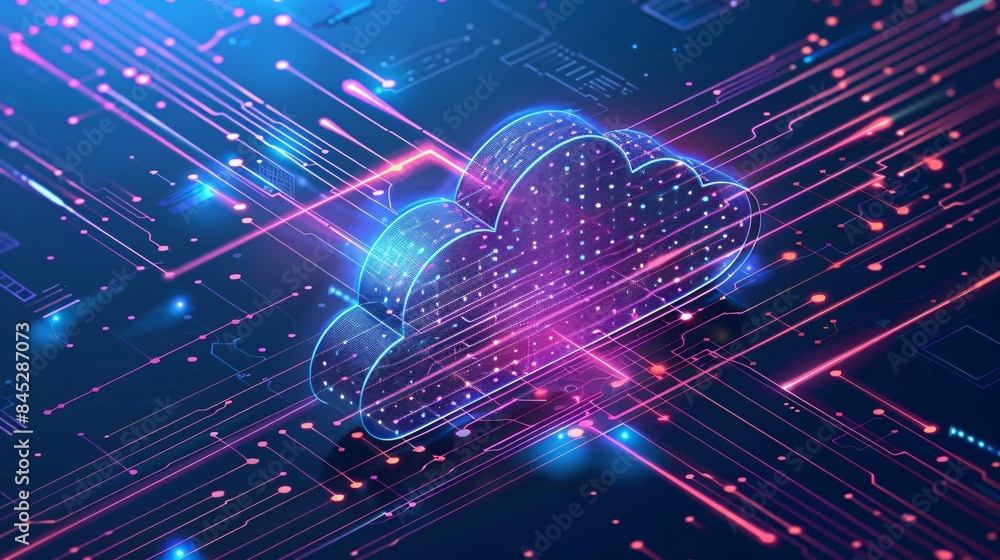 Poster isometric illustration of cloud storage for downloading, representing a digital service or applicati