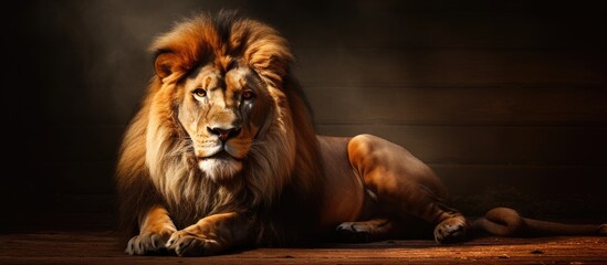 The majestic male lion residing within the confines of the zoo exhibits both aesthetic allure and formidable strength A captivating copy space image 145 characters
