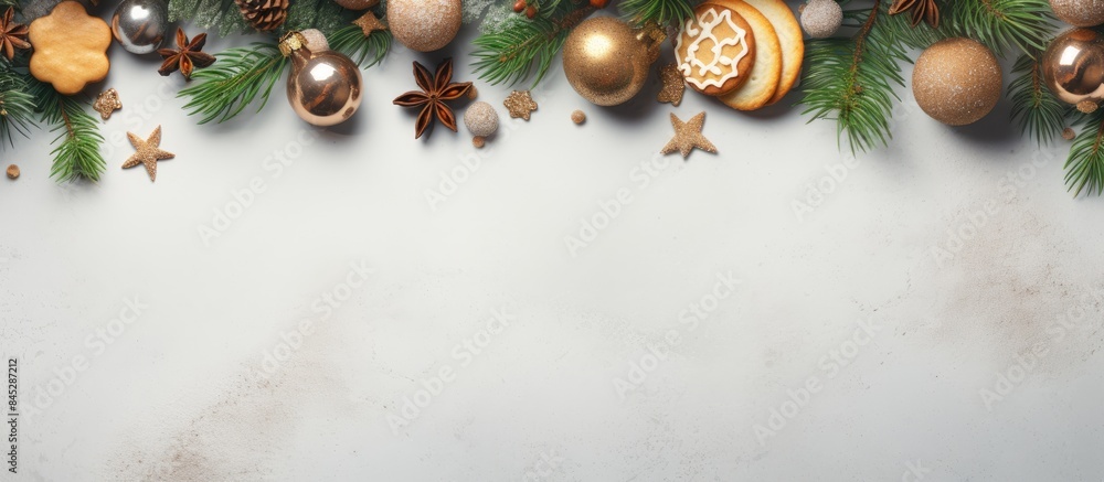 Aufkleber A festive background for Christmas and New Year with a top down view of Christmas tree branches ornaments and cookies arranged on a beige surface offering ample copy space for additional elements