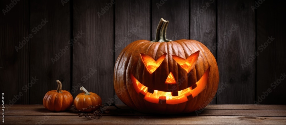 Aufkleber a halloween celebration with a pumpkin adorned with a carved face placed on a wooden table against a