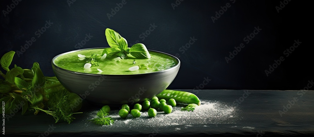 Canvas Prints A delicious and nutritious bowl of pea soup with garnish peas and pea pods on a slate surface Perfect for a home cooked meal and promoting healthy eating Copy space image