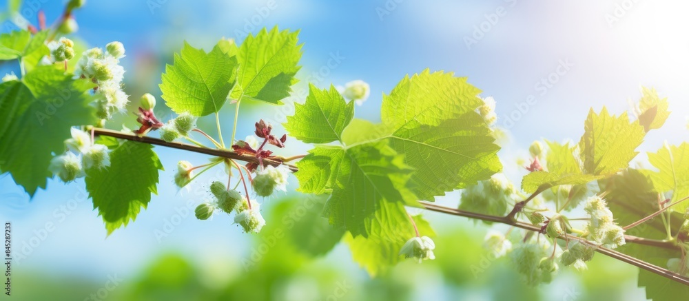 Aufkleber In spring the agriculture nature background comes alive with grapevine shoots adorned with flower buds and leaves creating a captivating copy space image