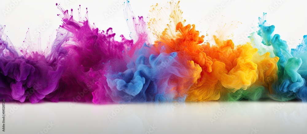 Aufkleber Freeze frame of colorful powder exploding creating an abstract splatter background A copy space image displays the mesmerizing texture of glittering colors on a white backdrop