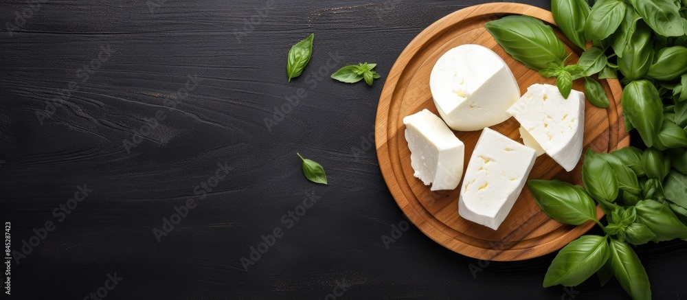 Aufkleber A top view of mozzarella cheese in a wooden bowl with fresh basil leaves set against a gray background There is ample copy space in the image